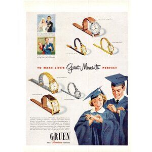 1950 Gruen Autowind Ace and Veri-Thin Watch Vintage Print Ad Graduation Wall Art